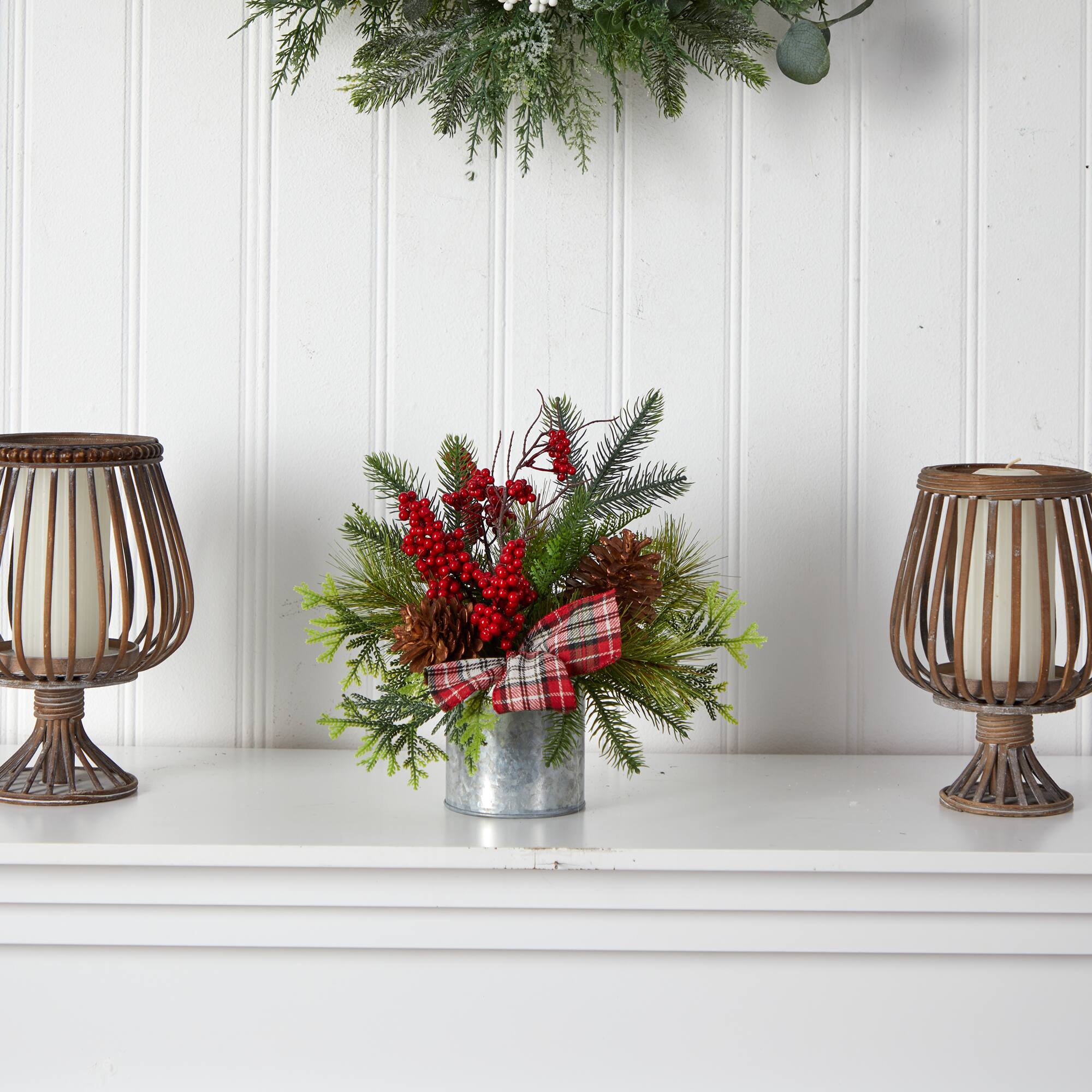 12" Holiday Winter Pinecones, Berries, Greenery & Plaid Bow Arrangement